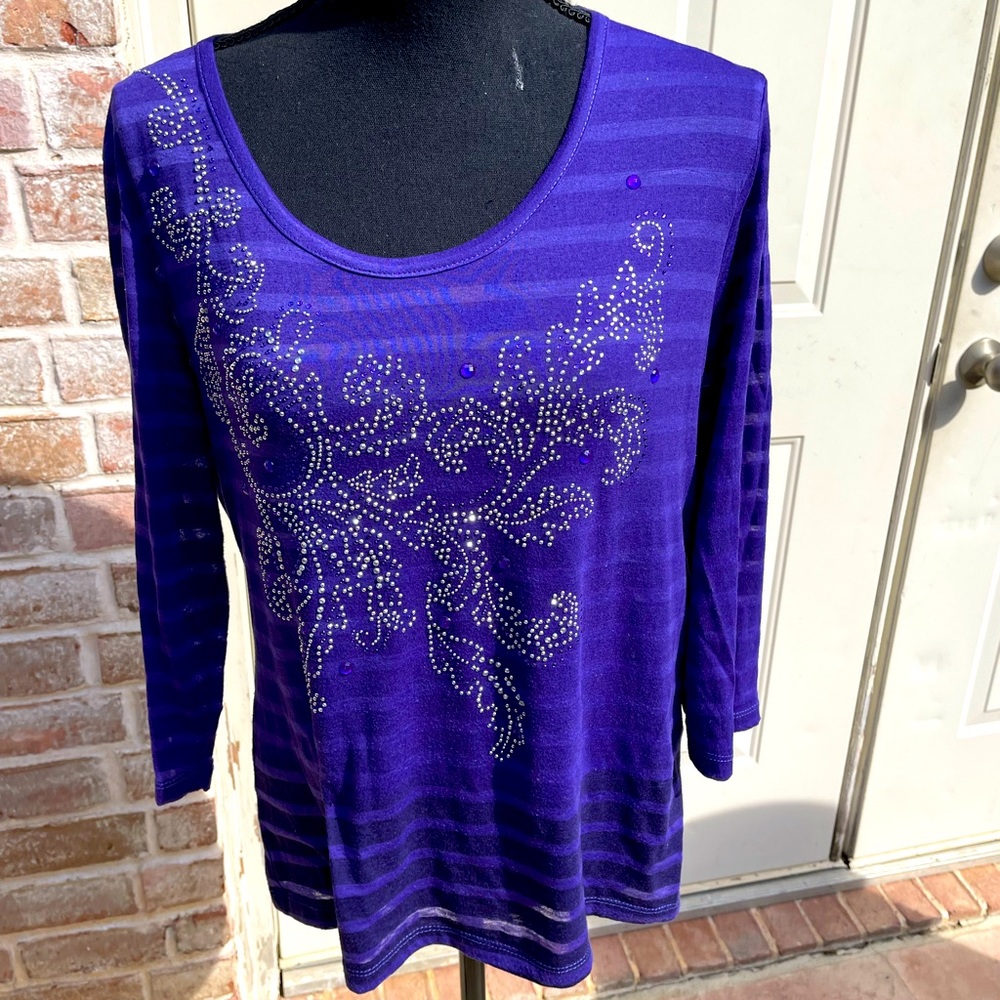 Thomas & Olivia, Purple, 3/4 Sleeve, Striped, Top, Size M